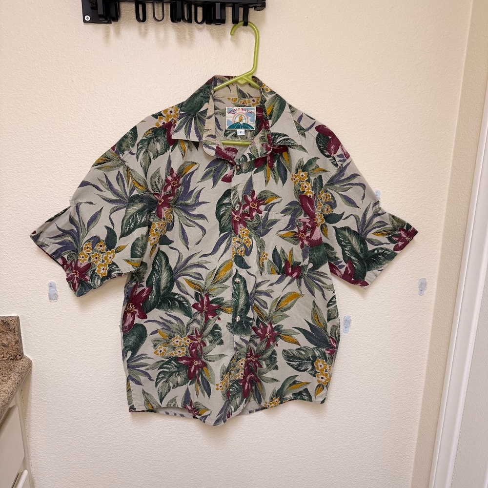 Paradise Of The Pacific Floral Hawaiian Button Shirt Green Maroon Yellow Size M